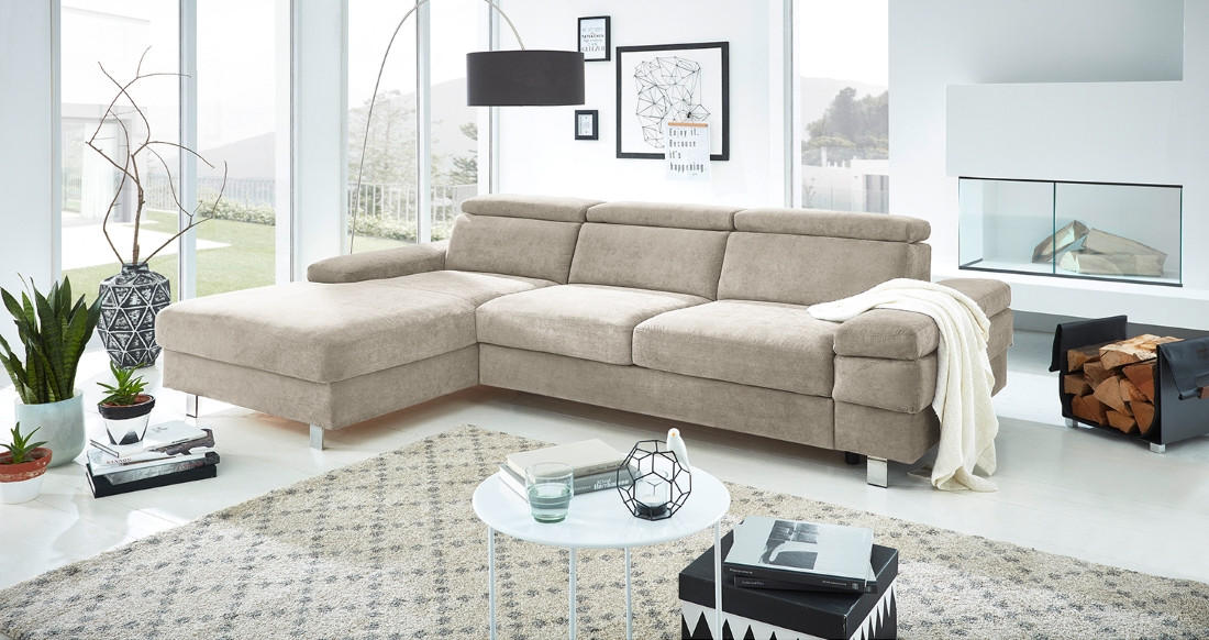 ECKSOFA in Webstoff Greige  - Greige/Silberfarben, Konventionell, Textil/Metall (260/82/182cm) - Trendmanufaktur