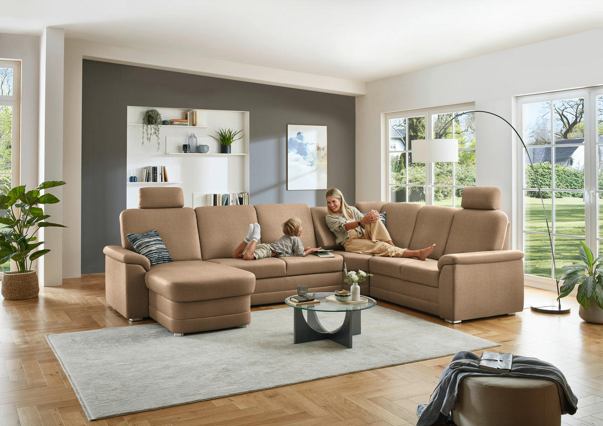 WOHNLANDSCHAFT  in Chenille Altrosa, Hellbraun  - Hellbraun/Alufarben, KONVENTIONELL, Holz/Textil (160/329/235cm) - Beldomo Comfort