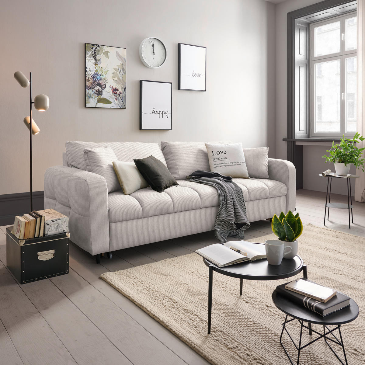 SCHLAFSOFA Cord, Velours Weiss Stoffauswahl, Bettfunktion erhältlich, Rücken echt, Armteil links, Armteil rechts  - Weiss/Schwarz, Design, Holz/Textil (236/88/101cm) - Lomoco