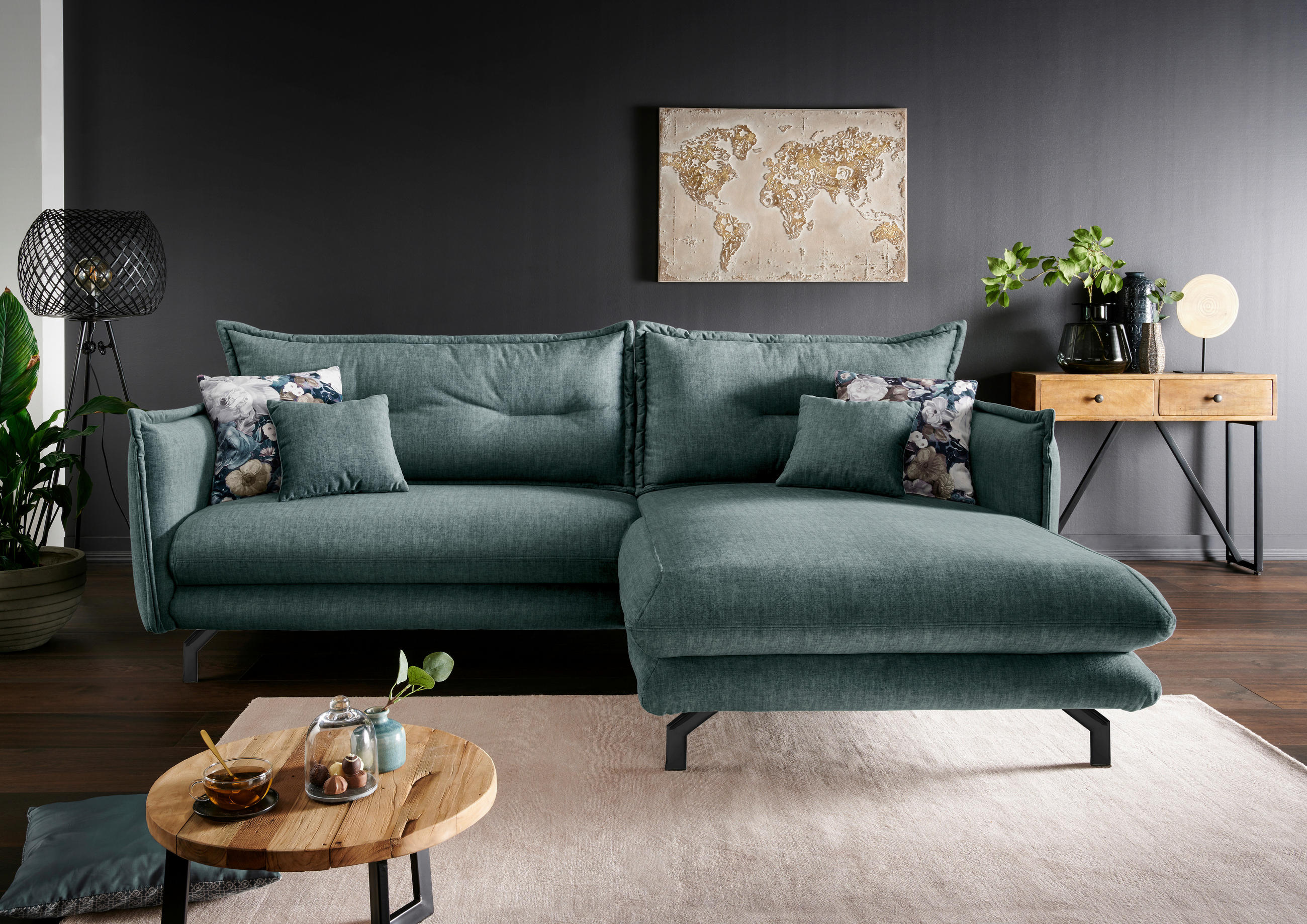 ECKSOFA in Velours Hellblau  - Türkis/Schwarz, Modern, Textil/Metall (255/180cm) - Livetastic
