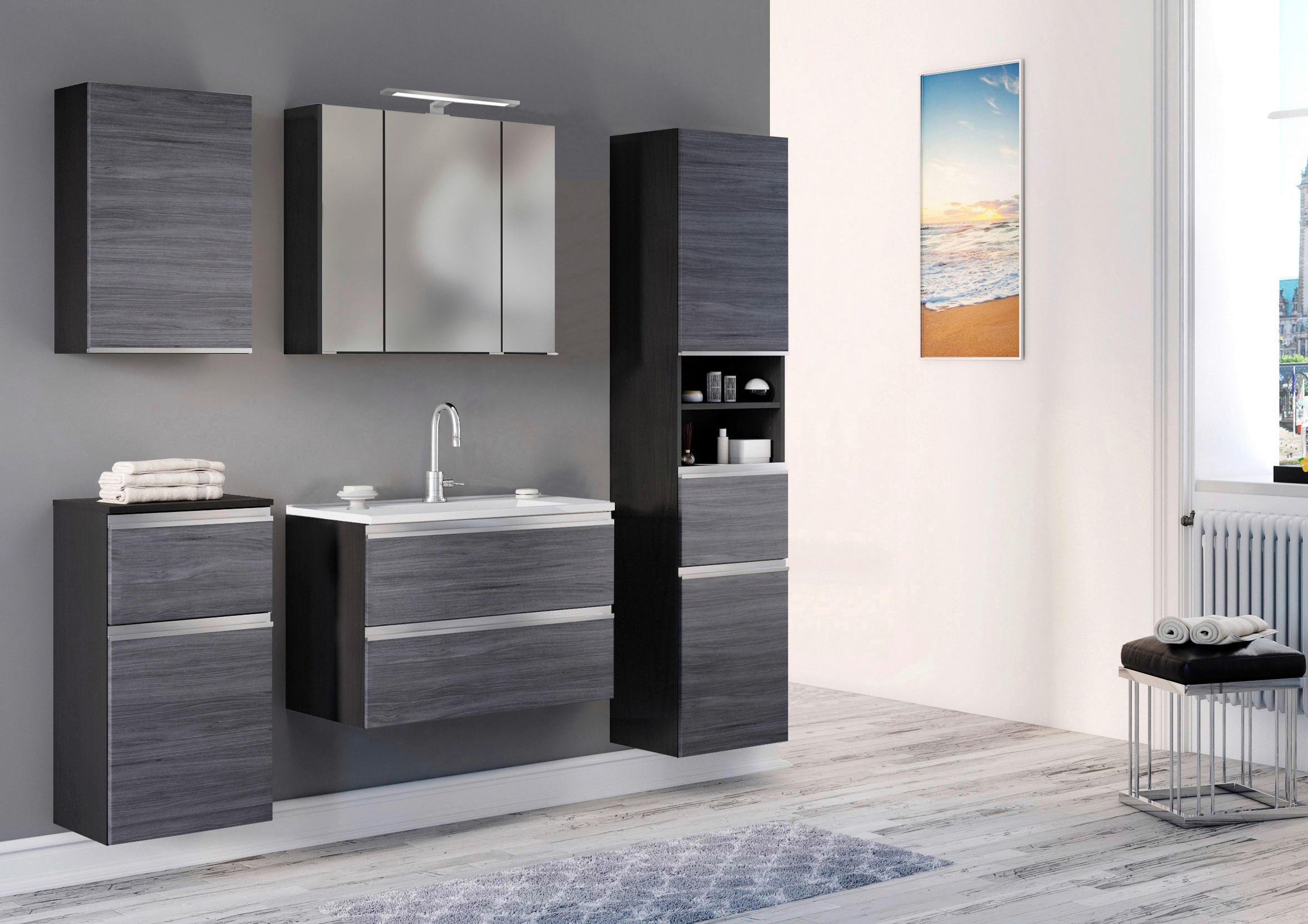 BADEZIMMER  in 80 cm  - Weiss/Eichefarben, Basics, Holzwerkstoff/Stein (80cm) - Held