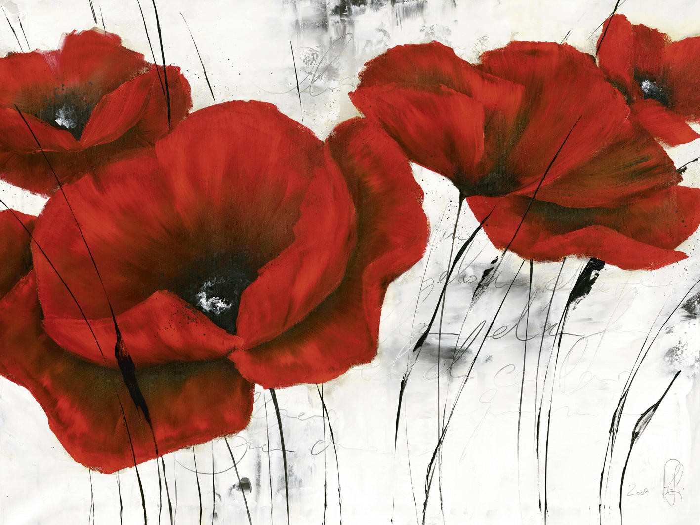 KUNSTDRUCK Isabelle Zacher-Finet Blumen Pavot d’hiver V - Rot/Schwarz, Basics, Papier (40/30cm) - Monee