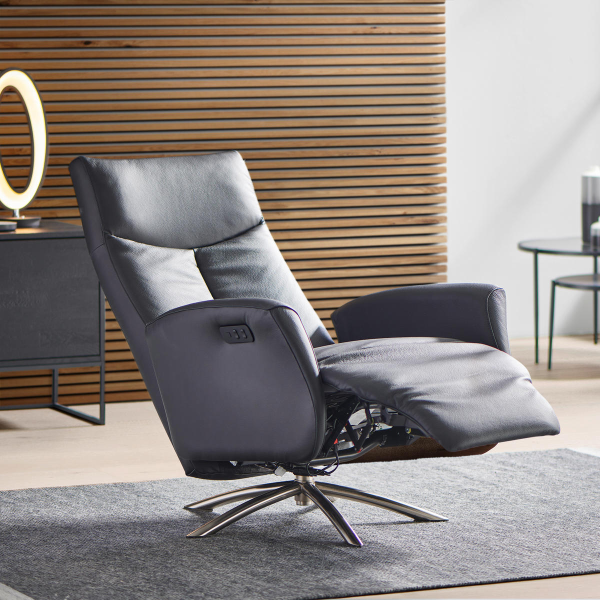 RELAXSESSEL Echtleder Relaxfunktion, Fußteilverstellung    - Silberfarben/Schwarz, Design, Leder/Metall (73/105/82cm) - Welnova
