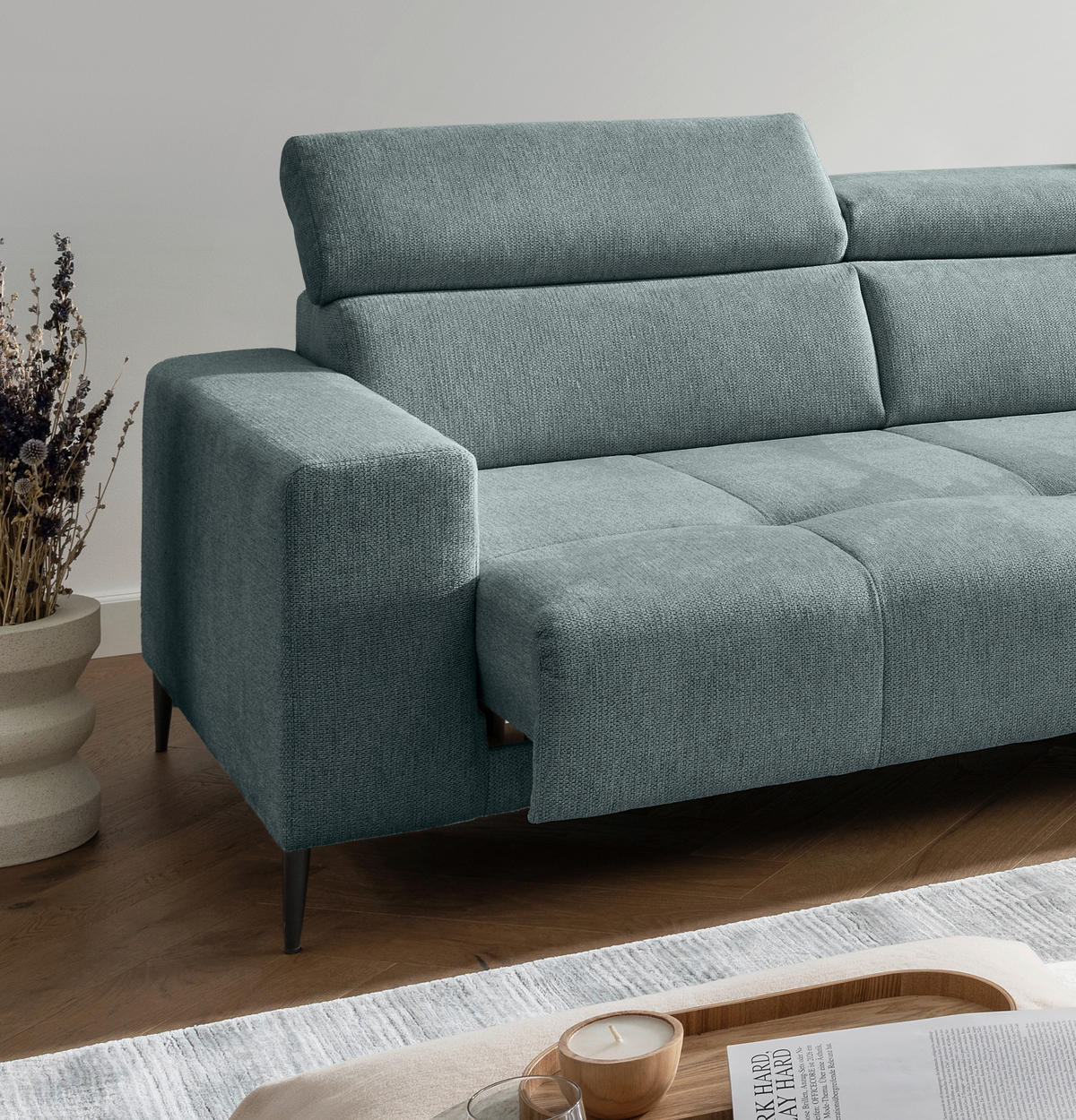 ECKSOFA INTERA Mintgrün Chenille Kopfteilverstellung, Sitzvorzug  - Schwarz/Mintgrün, KONVENTIONELL, Textil/Metall (305/225cm) - Livetastic