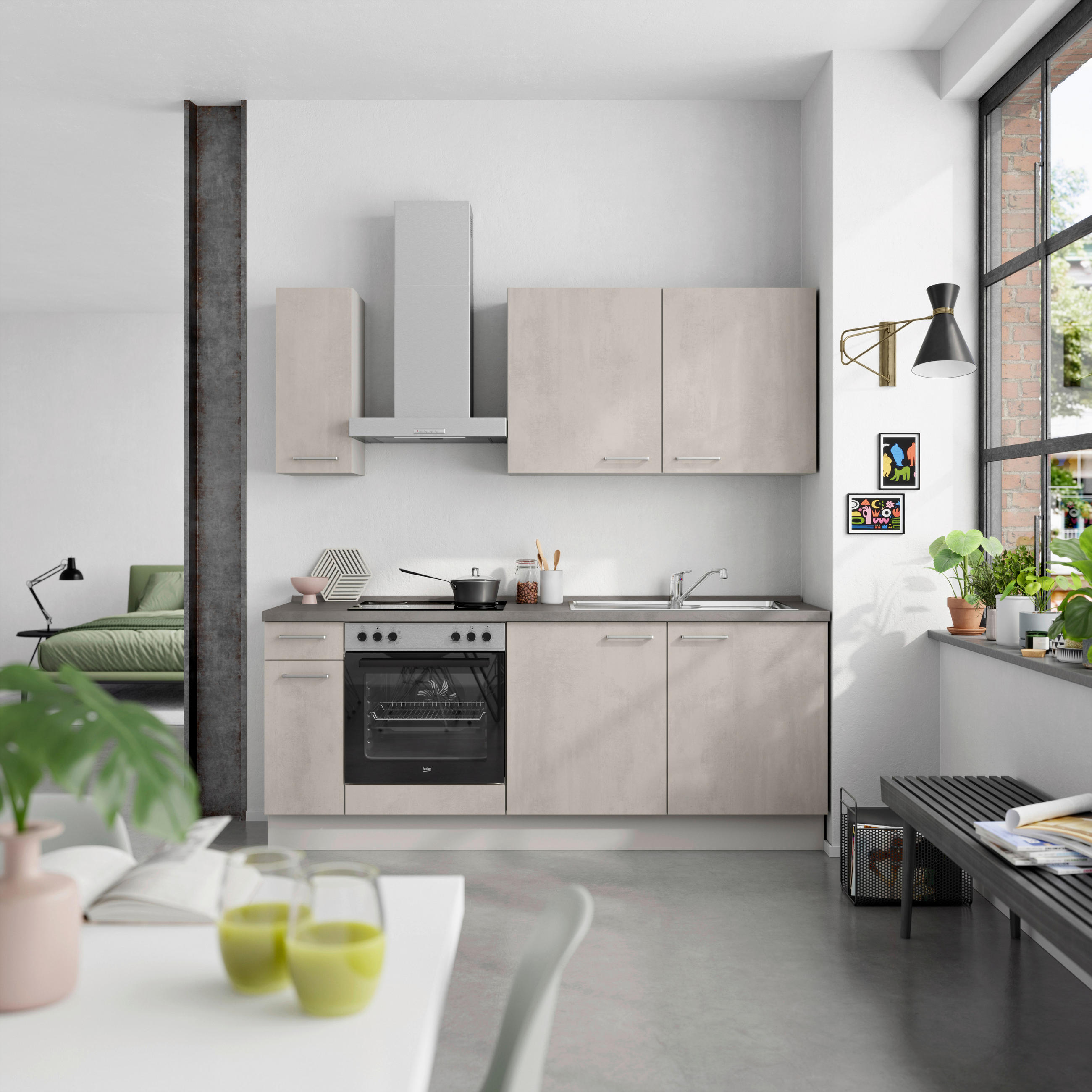 KÜCHENBLOCK Riva 210 cm  in Grau, Schieferfarben  - Schieferfarben/Edelstahlfarben, MODERN, Holzwerkstoff/Metall (210cm) - Nobilia