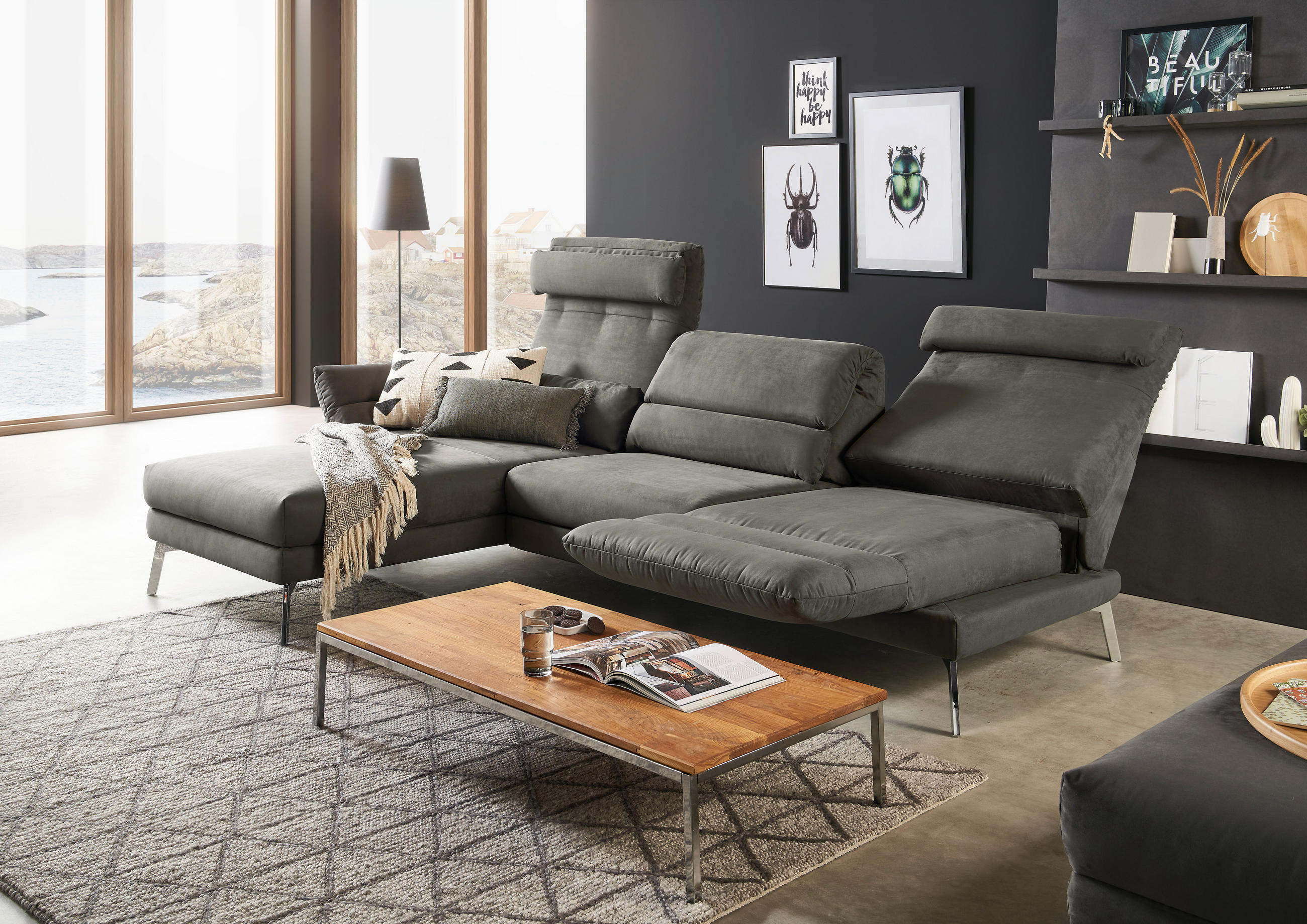 ECKSOFA Graphitfarben Mikrofaser  - Chromfarben/Graphitfarben, Design, Textil/Metall (176-217/273-327cm) - Dieter Knoll