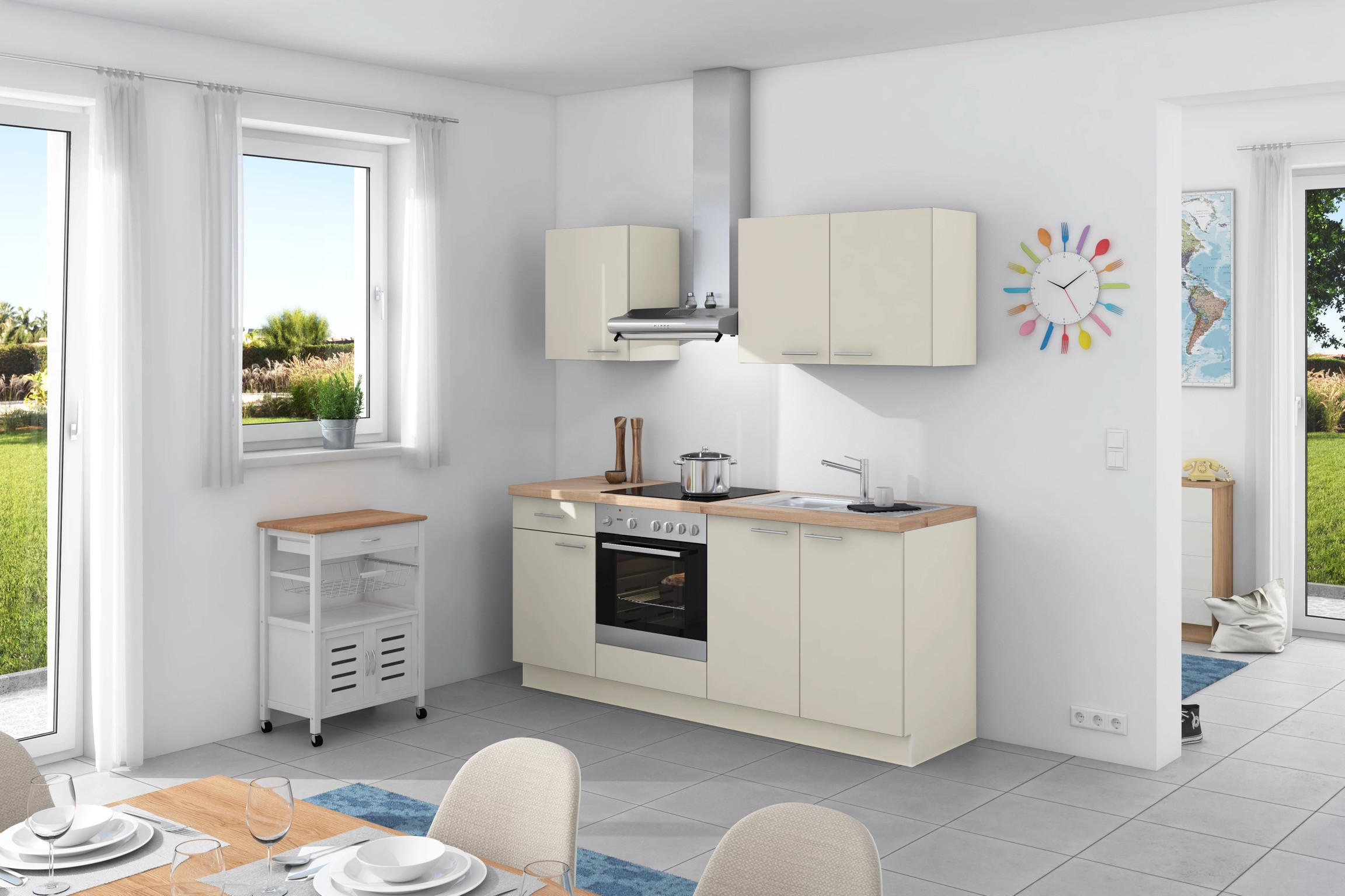 Küchenzeile Base ohne Geräte 200 cm Magnolia/Wildeiche