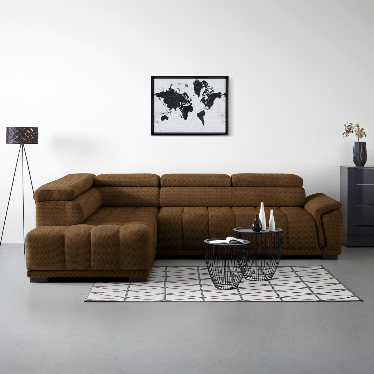 HÖRNSOFFA i chenille, vävt tyg rostfärgad  - svart/rostfärgad, Modern, textil/plast (106/283cm) - MID.YOU