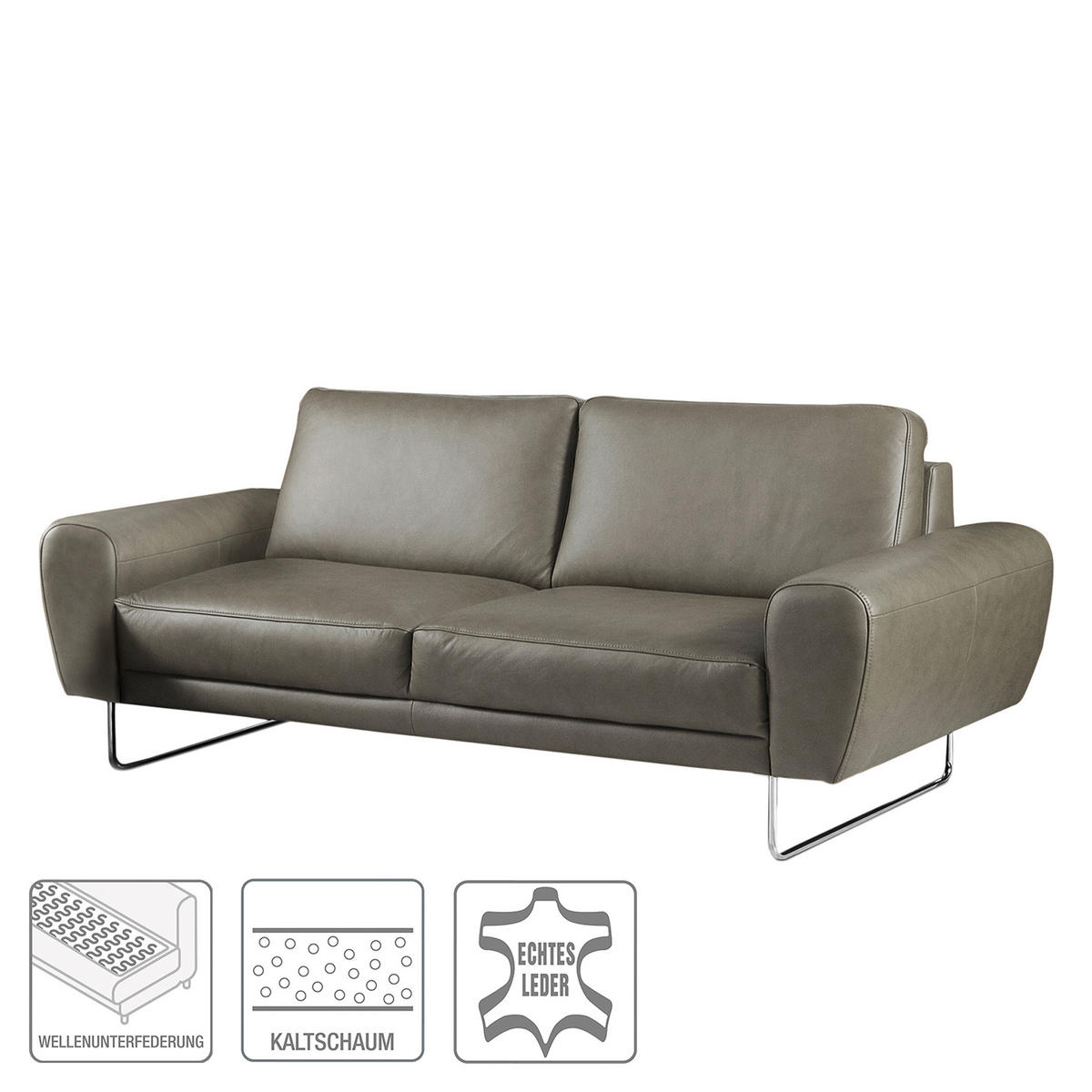2-SITZER-SOFA in Echtleder Grau  - Chromfarben/Grau, Design, Leder/Metall (177/85/92cm) - Livetastic