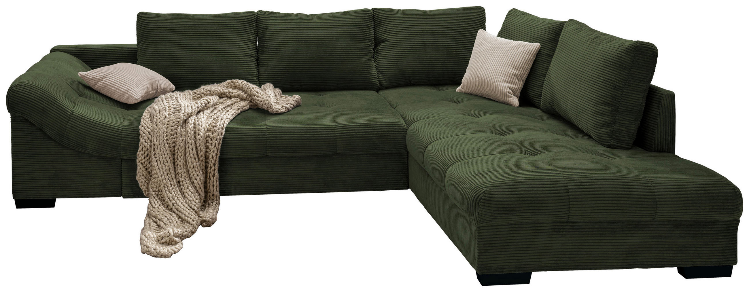 ECKSOFA Dunkelgrün Cord  - Dunkelgrün/Beige, Design, Holz/Textil (298/202cm) - MID.YOU