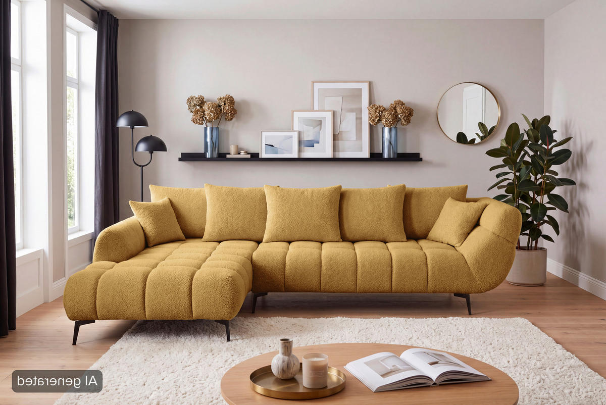 ECKSOFA Currygelb Bouclé Zierkissen, Rückenkissen, Rücken echt  - Currygelb/Schwarz, MODERN, Textil/Metall (217/318cm) - Carryhome
