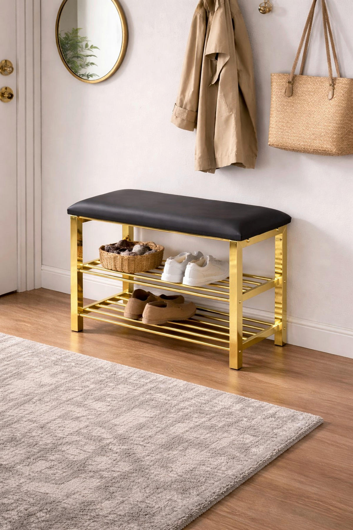 SCHUHBANK  in 57/50/30 cm  - Messingfarben/Schwarz, Design, Textil/Metall (57/50/30cm) - MID.YOU