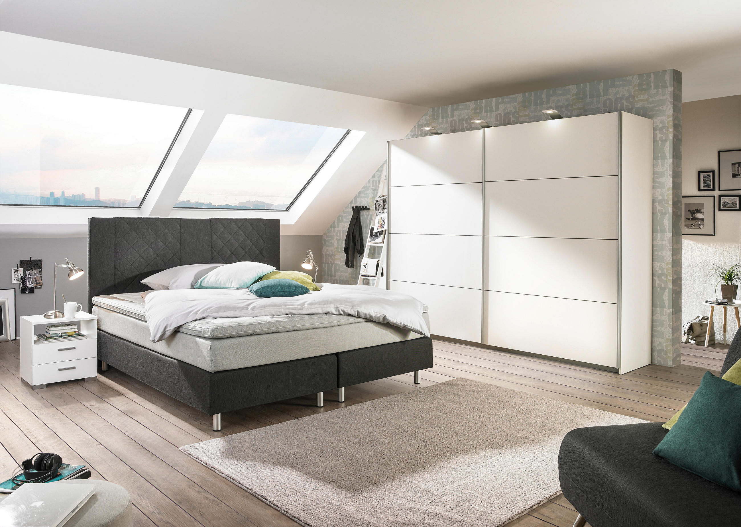 BOXSPRING-ÁGY 180/200 cm  antracit, világosszürke  - világosszürke/alumínium színű, Design, textil/fa (180/200cm) - Carryhome