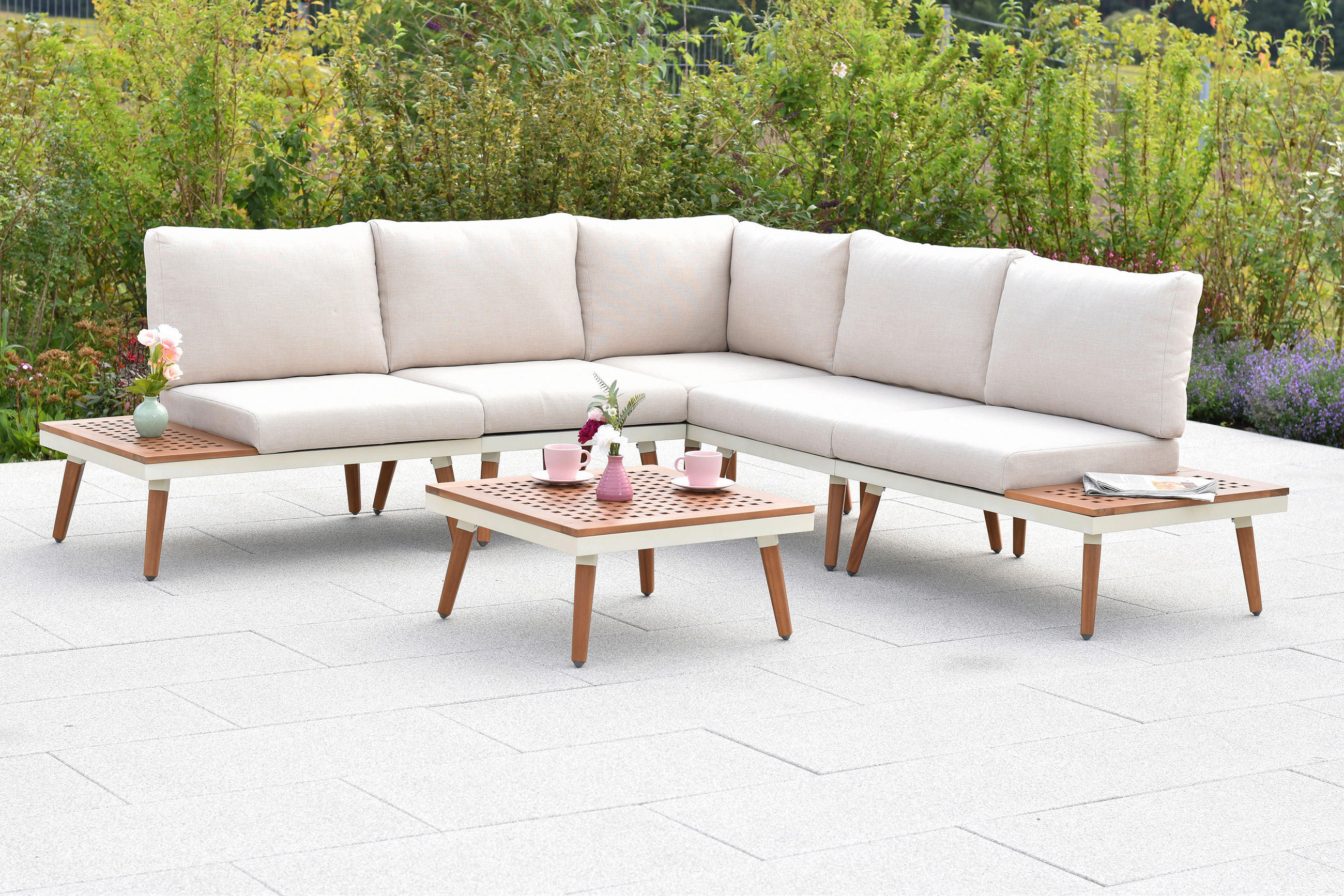 LOUNGEGARNITUR   Akazie Hartholz Aluminium  - Beige/Weiß, KONVENTIONELL, Holz/Textil - Gardenson