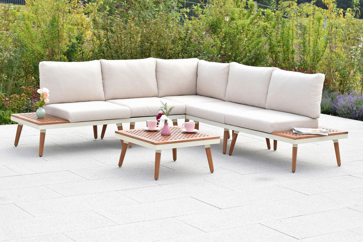 LOUNGEGARNITUR   Akazie Hartholz Aluminium  - Beige/Weiß, KONVENTIONELL, Holz/Textil - Gardenson