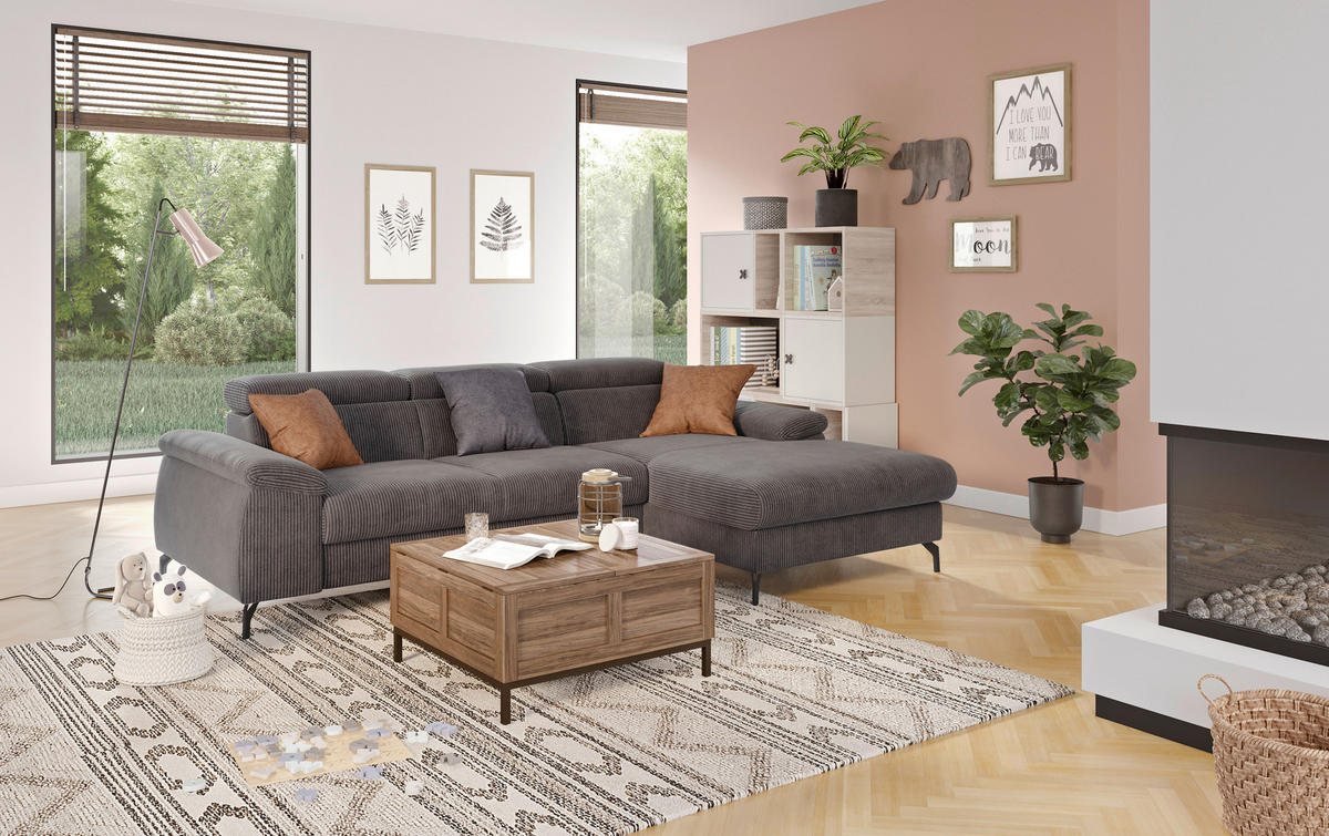 ECKSOFA in Cord Anthrazit  - Anthrazit/Schwarz, Design, Textil/Metall (244/166cm) - Livetastic
