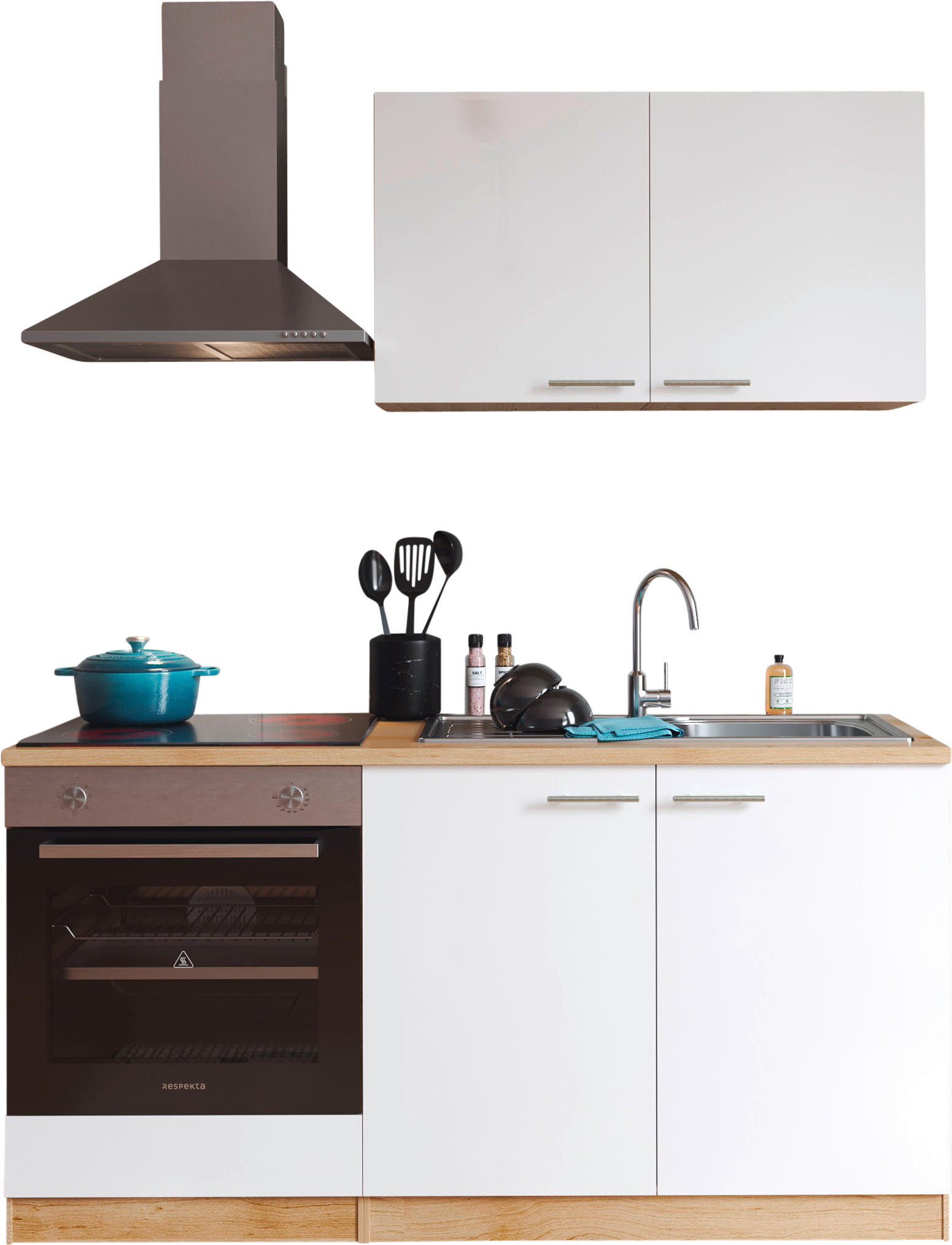 MINIKÜCHE 160 cm in Weiß - Eichefarben/Weiß, Design, Holzwerkstoff/Metall (160cm) - Respekta