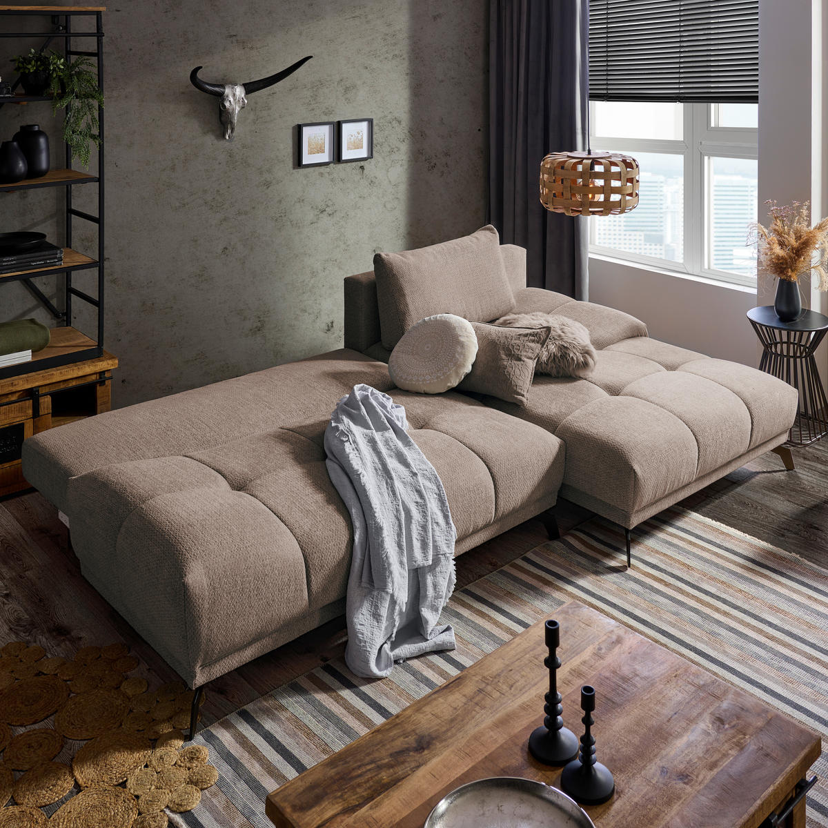 ECKSOFA in Chenille Hellbraun  - Hellbraun/Schwarz, Modern, Textil/Metall (290/182cm) - Hom`in