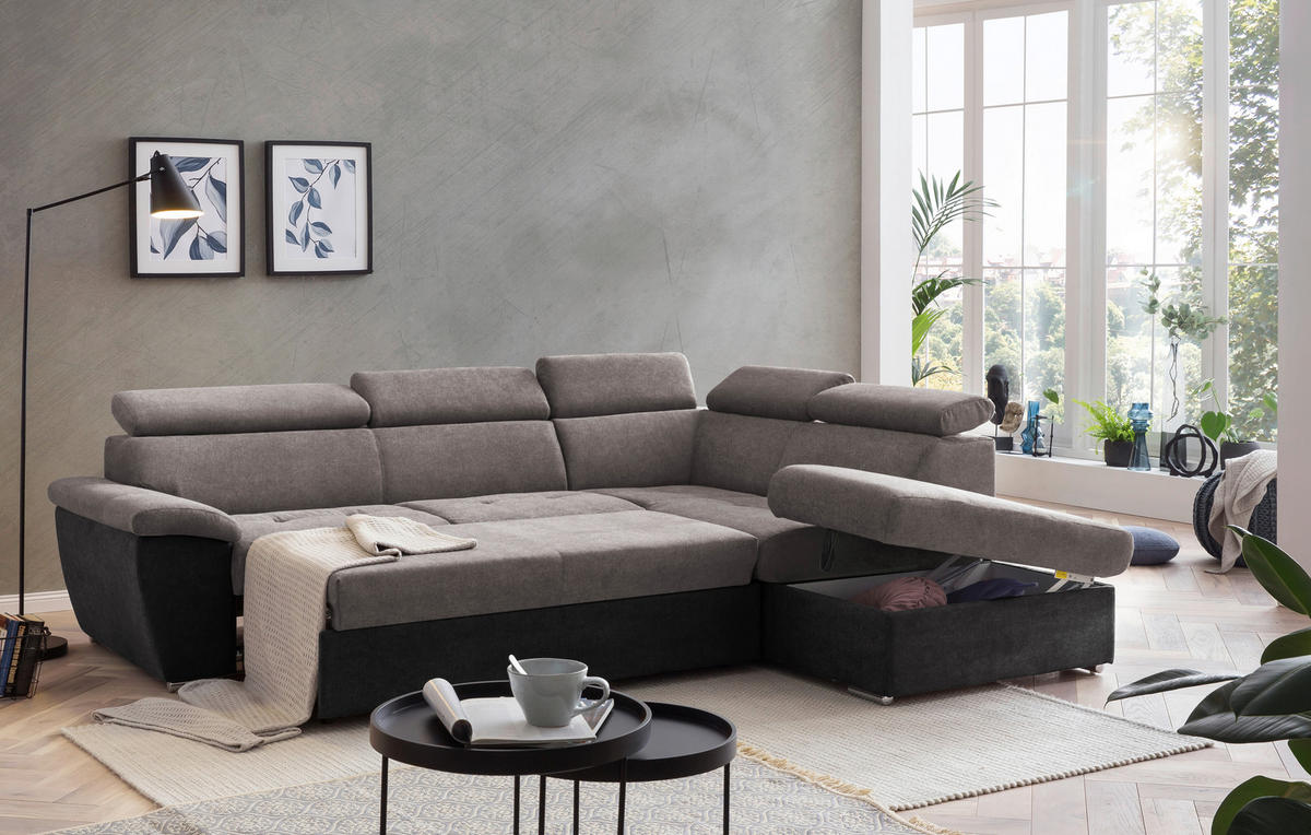 ECKSOFA in Mikrofaser Grau, Schwarz  - Chromfarben/Schwarz, Design, Textil/Metall (262/216cm) - Livetastic
