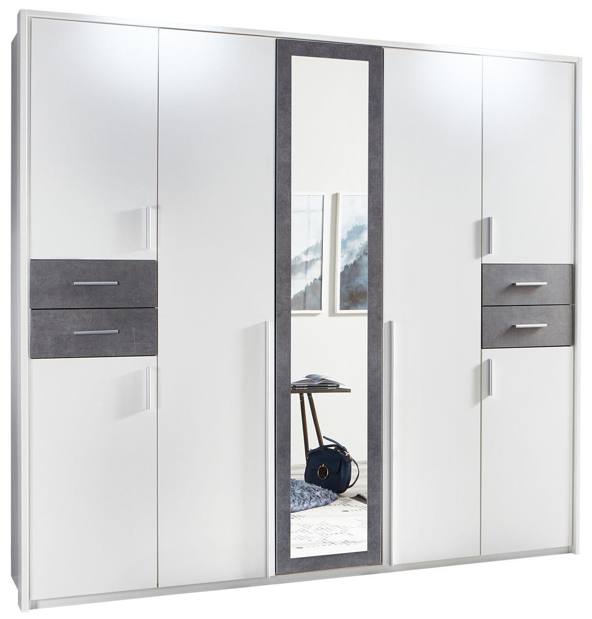 KLEIDERSCHRANK 7-türig Grau, Weiß - Silberfarben/Weiß, Basics, Holzwerkstoff/Kunststoff (225/208/58cm) - MID.YOU