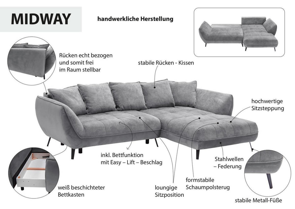 ECKSOFA in Struktur Hellgrau, Grau  187/282 cm  - Hellgrau/Schwarz, Design, Textil/Metall (187/282cm) - Livetastic