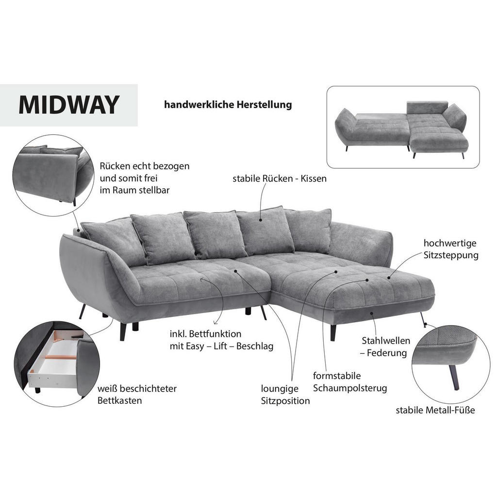 Thumbnail - Livetastic Ecksofa Midway, Sand, Beige, Textil, 3-Sitzer, Füllung: Schaumstoff, Schaumstoffflocken, Ottomane links, L-Fo...