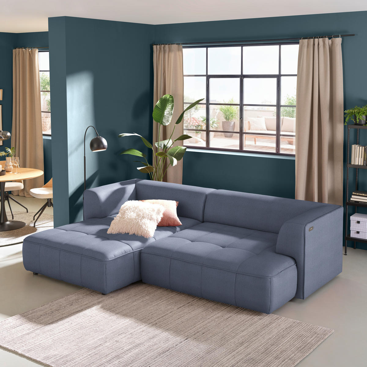 ECKSOFA Feincord Blaugrau  - Blaugrau/Schwarz, Design, Kunststoff/Textil (188/288cm) - Welnova
