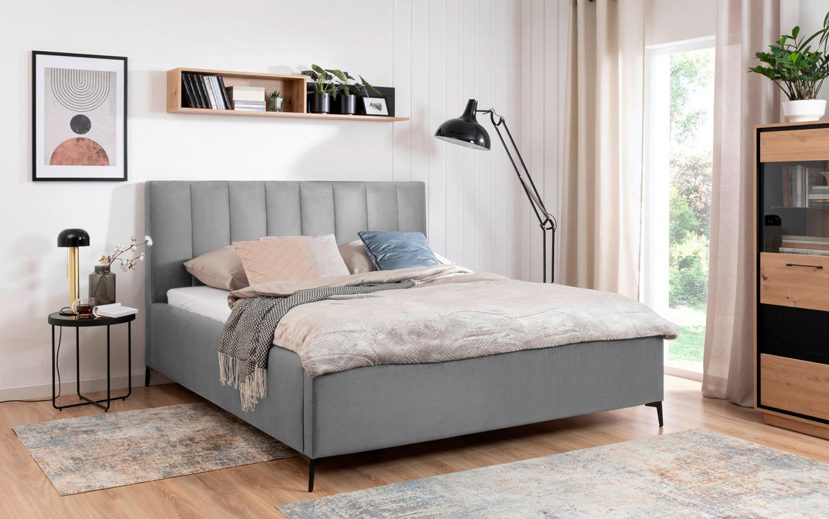 POLSTERBETT 180/200 cm, inkl. Lattenrost, Bettkasten,  in Grau  - Birkefarben/Schwarz, KONVENTIONELL, Holz/Textil (180/200cm) - Boxxx