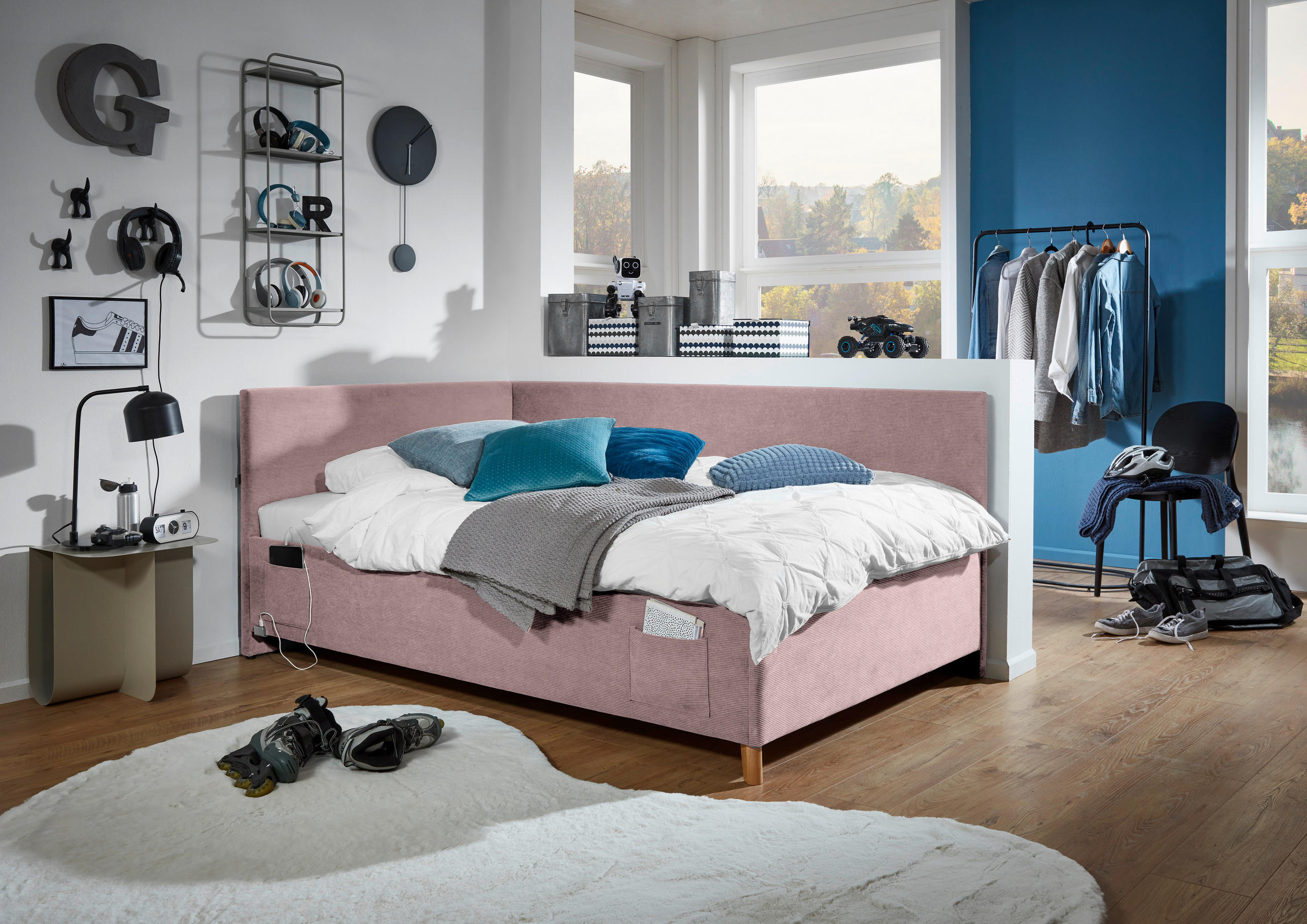 POLSTERLIEGE Cord Rosa  - Eichefarben/Rosa, KONVENTIONELL, Holz/Textil (140/200cm) - Stylife