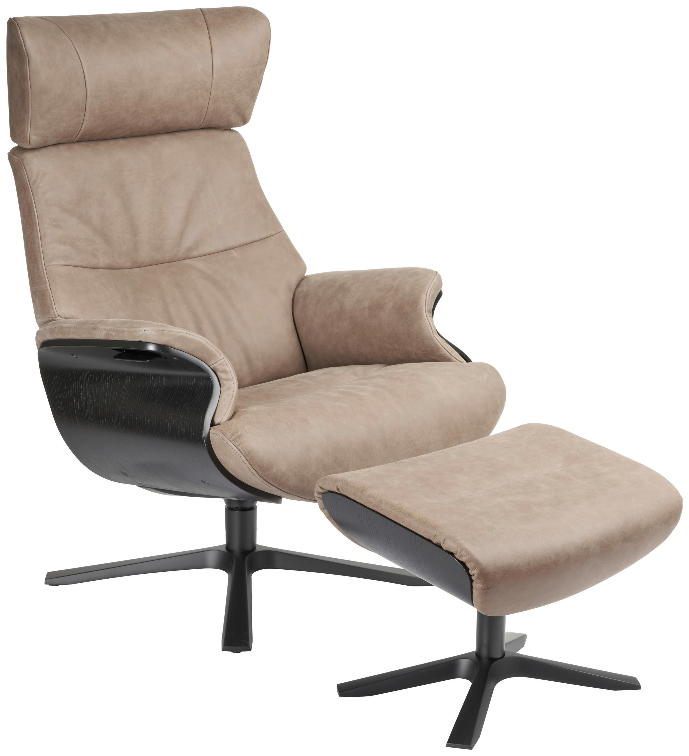 RELAXSESSEL in Leder, Holz Schwarz, Sandfarben  - Sandfarben/Schwarz, Design, Leder/Holz (79/111/83cm)