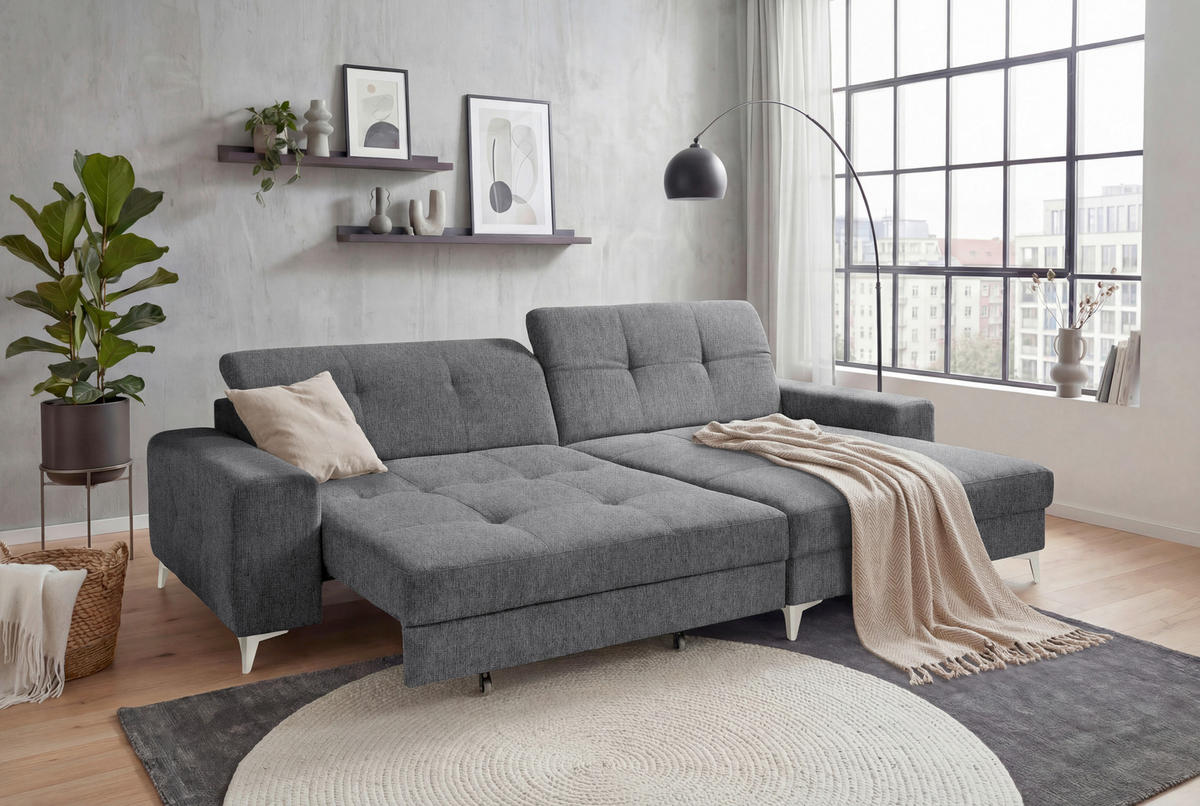ECKSOFA SORELLA in Mikrovelours Anthrazit Kopfteilverstellung, Sitztiefenverstellung  328/182 cm  - Kaschmir/Anthrazit, Design, Kunststoff/Textil (328/182cm) - MID.YOU