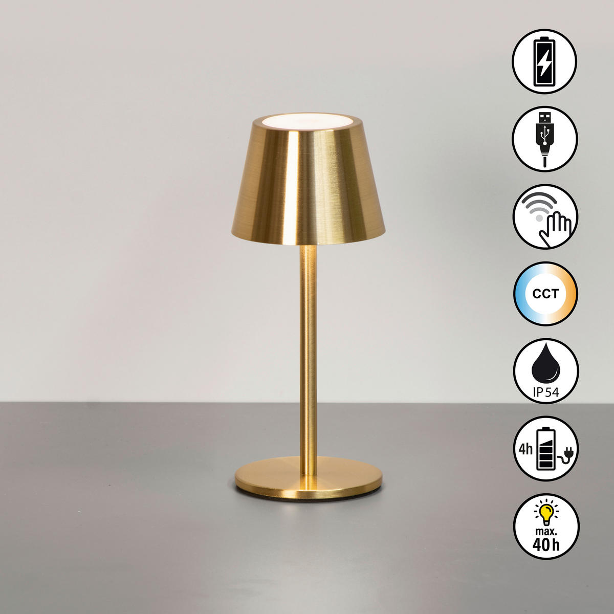 AKKU-TISCHLEUCHTE Salerno 8,5/20 cm  - Graubraun/Messingfarben, Design, Metall (8,5/20cm)