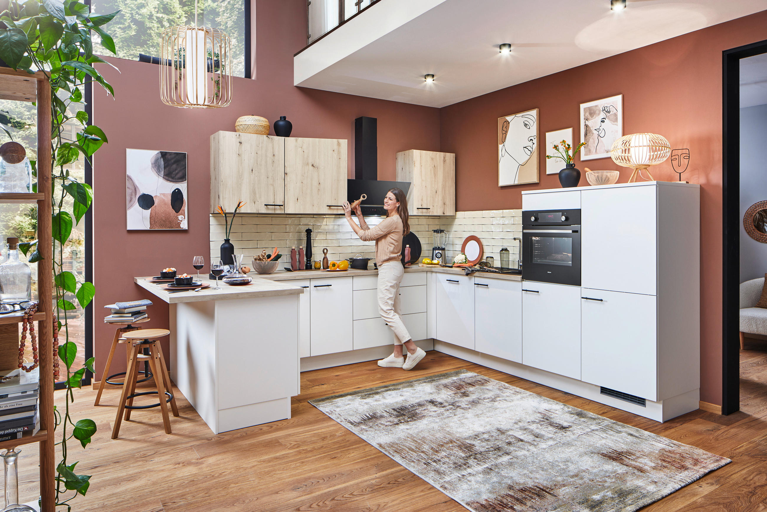 EINBAUKÜCHE   - Weiss/Eichefarben, Basics, Holzwerkstoff - Venda