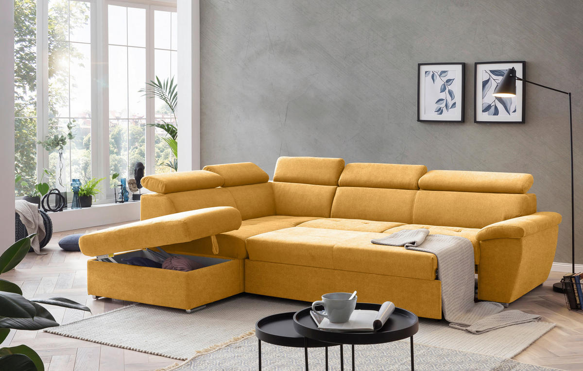 ECKSOFA Currygelb Chenille  - Chromfarben/Currygelb, Design, Textil/Metall (216/262cm) - Livetastic