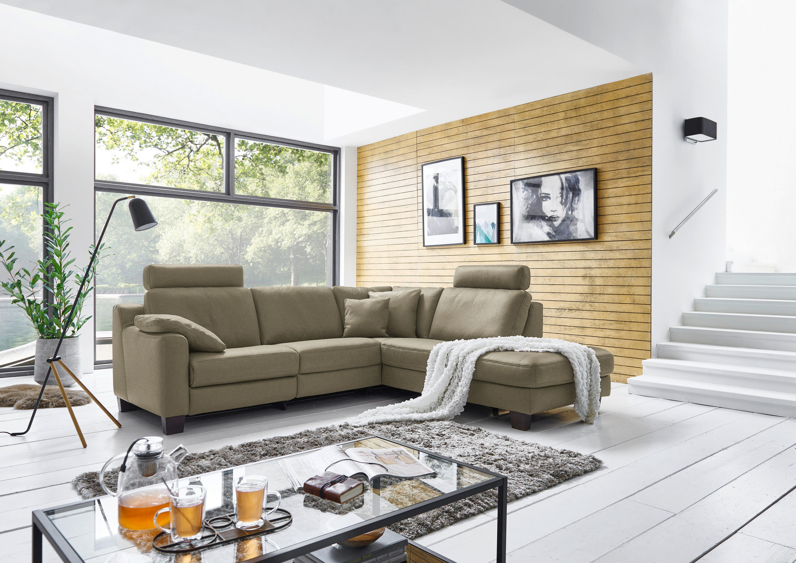 ECKSOFA in Echtleder Olivgrün  - Eichefarben/Olivgrün, Design, Leder/Holz (259/235cm) - Valdera