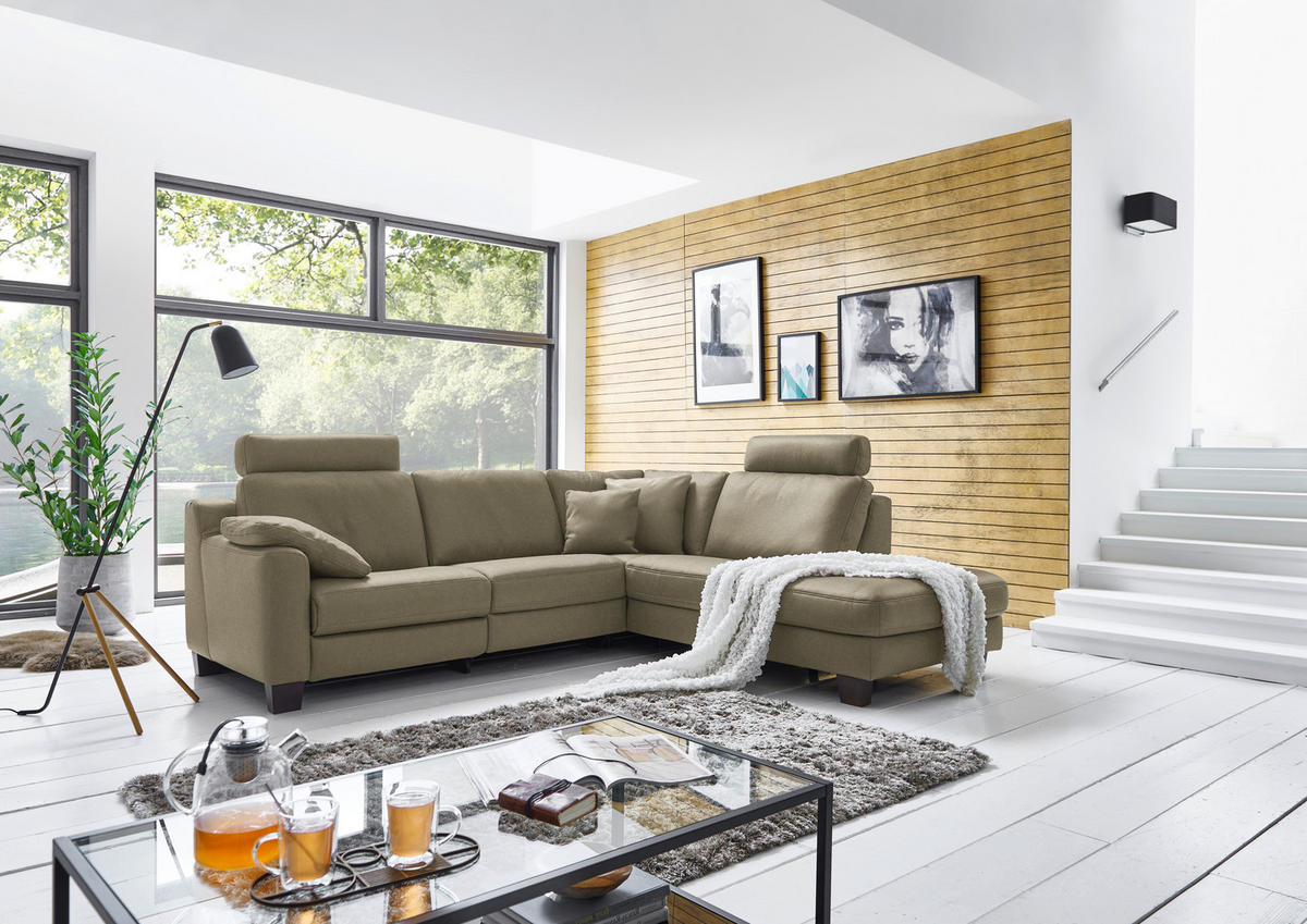 ECKSOFA in Echtleder Olivgrün  - Eichefarben/Olivgrün, Design, Leder/Holz (259/235cm) - Valdera