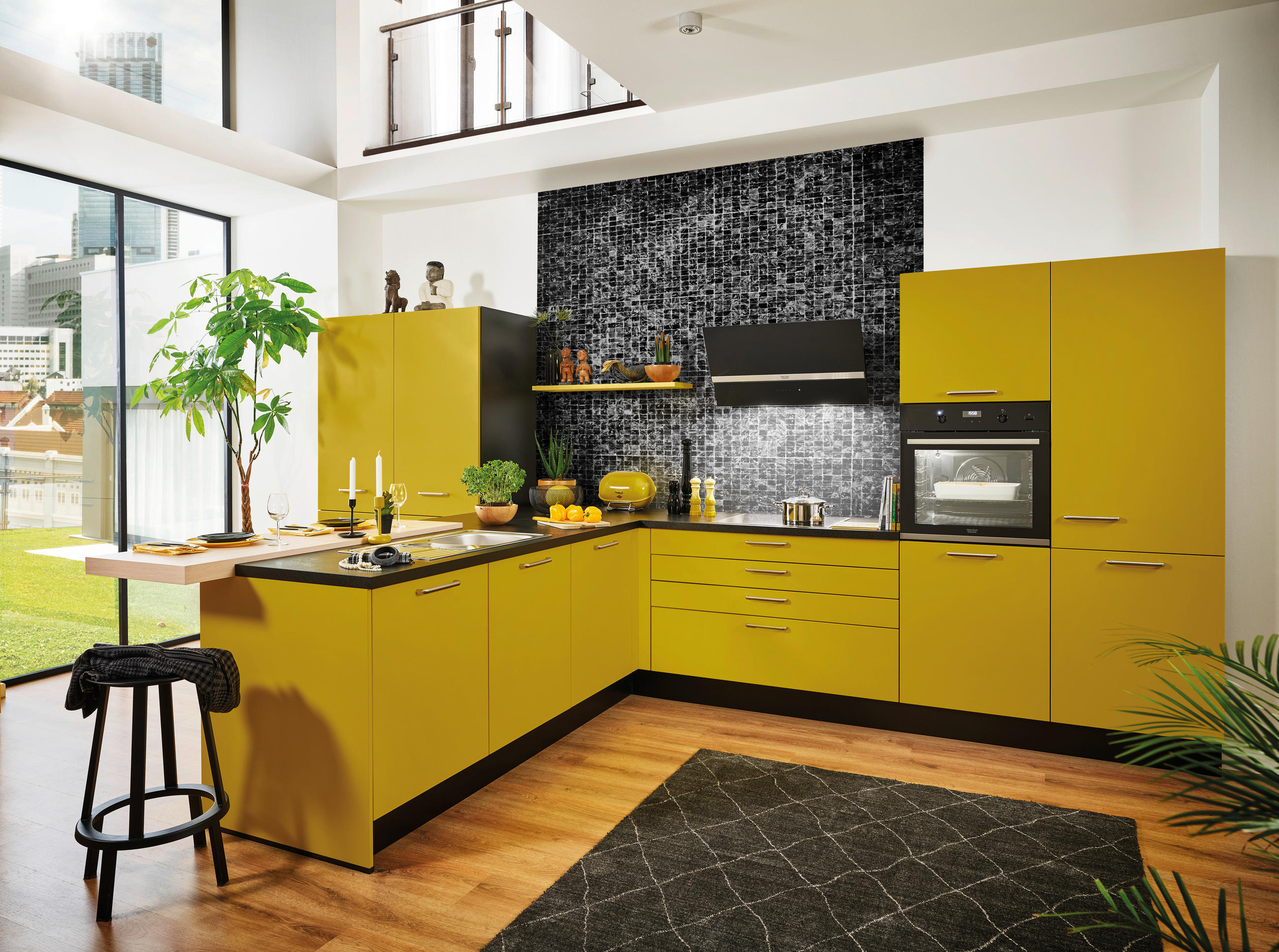 EINBAUKÜCHE SILVIA  - Currygelb, Design, Holzwerkstoff - Novel