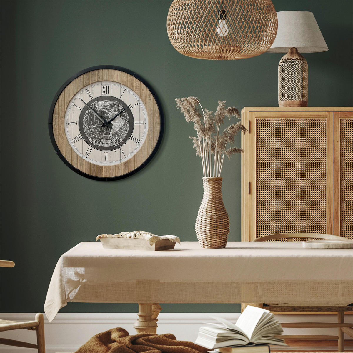 WANDUHR - Schwarz, Weiß, Eichefarben  - Eichefarben/Schwarz, Basics, Holz/Kunststoff (57cm)