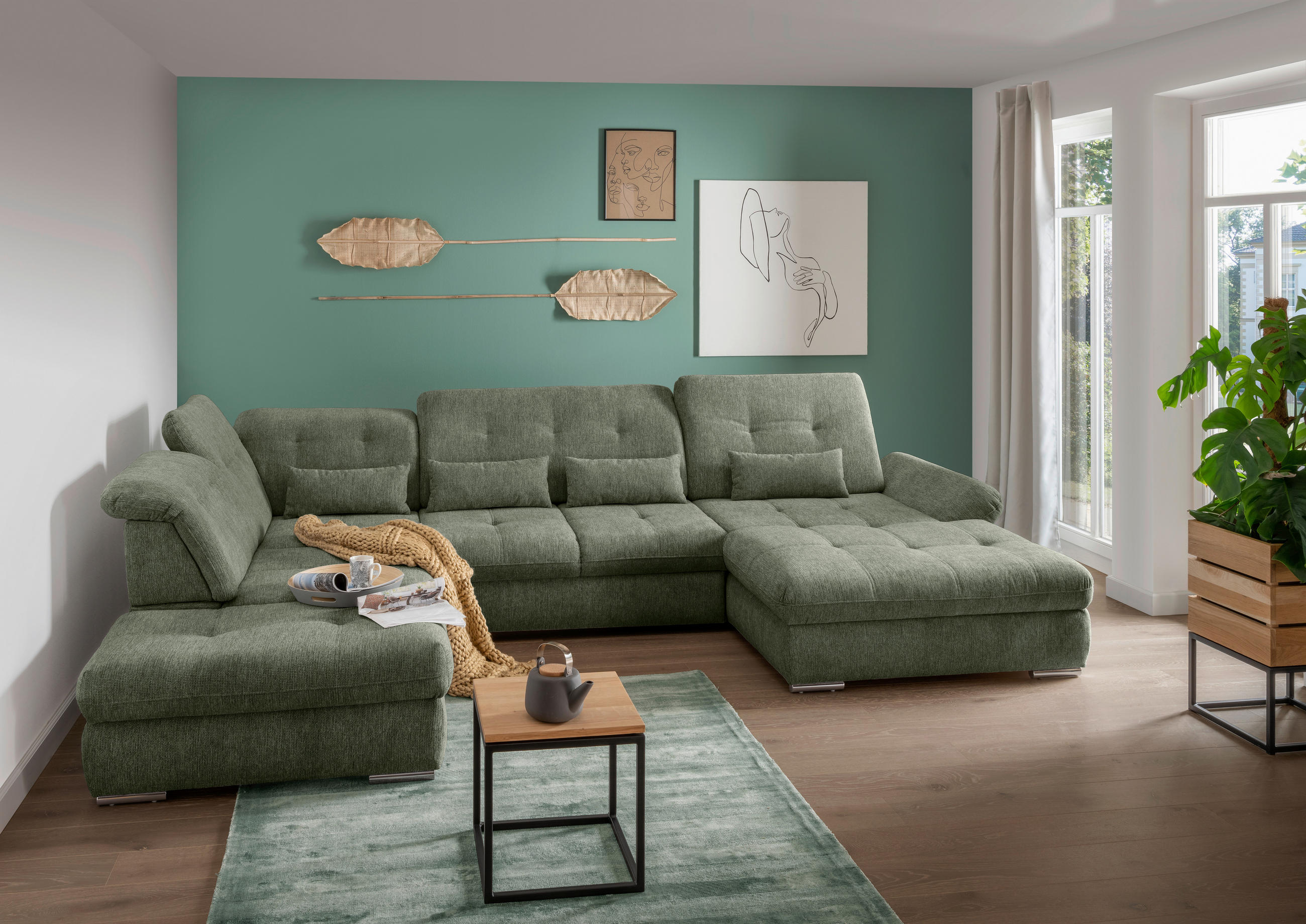 WOHNLANDSCHAFT in Chenille Dunkelgrün  - Chromfarben/Dunkelgrün, MODERN, Textil/Metall (254/376/195cm) - Livetastic