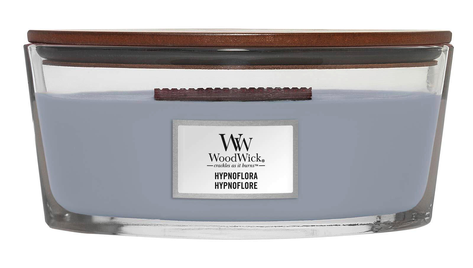 DIŠEČA SVEČA - sivovijolična, Basics, steklo/les (12/9/19cm) - WoodWick