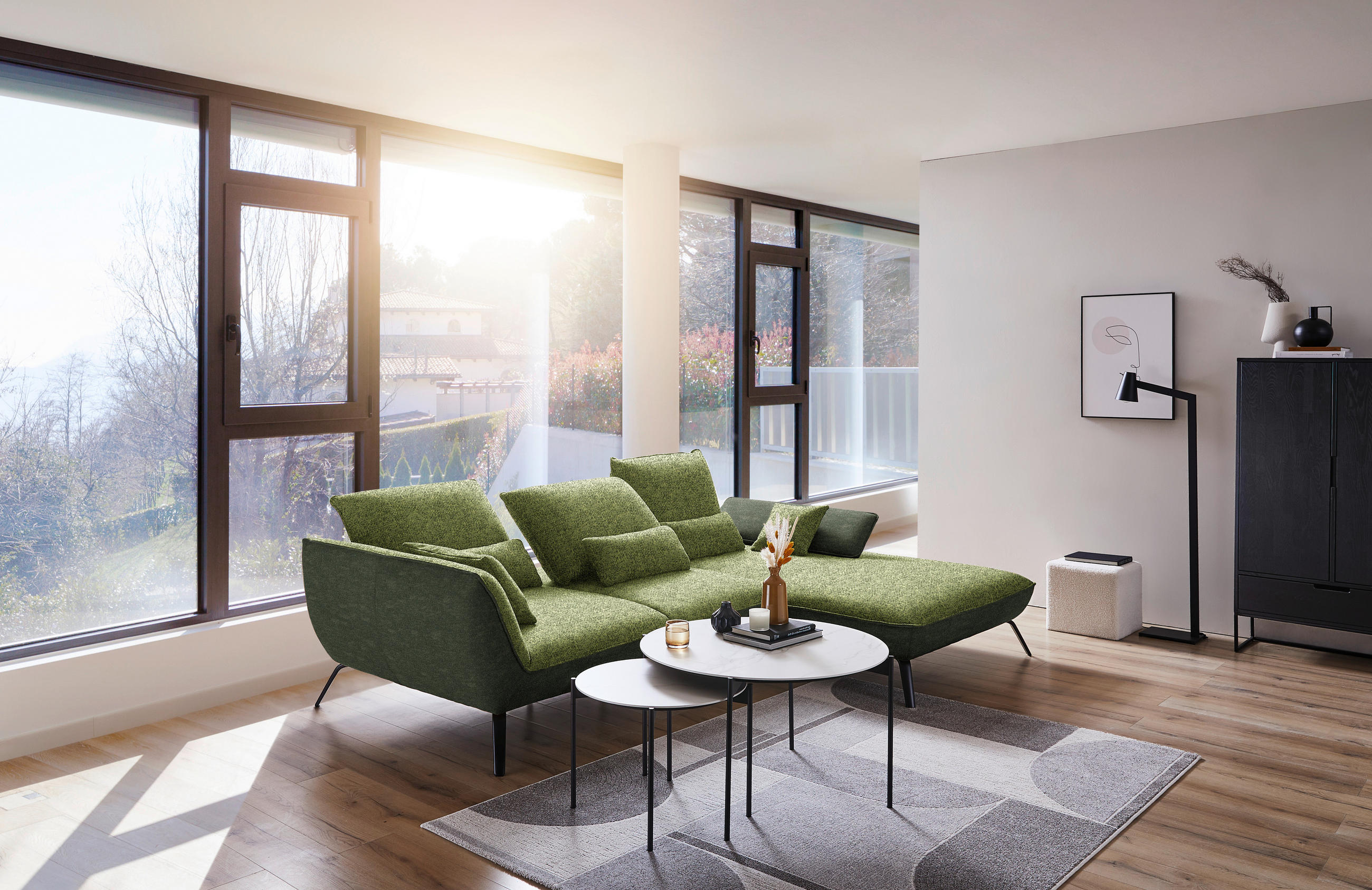 ECKSOFA in Flachgewebe Grün  301/191 cm  - Schwarz/Grün, Design, Textil/Metall (301/191cm) - Moderano
