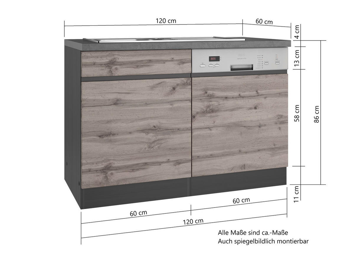 SPÜLENUNTERSCHRANK 120/86/60 cm  in Graphitfarben, Eiche Wotan  - Eiche Wotan/Graphitfarben, Design, Holzwerkstoff (120/86/60cm) - Held