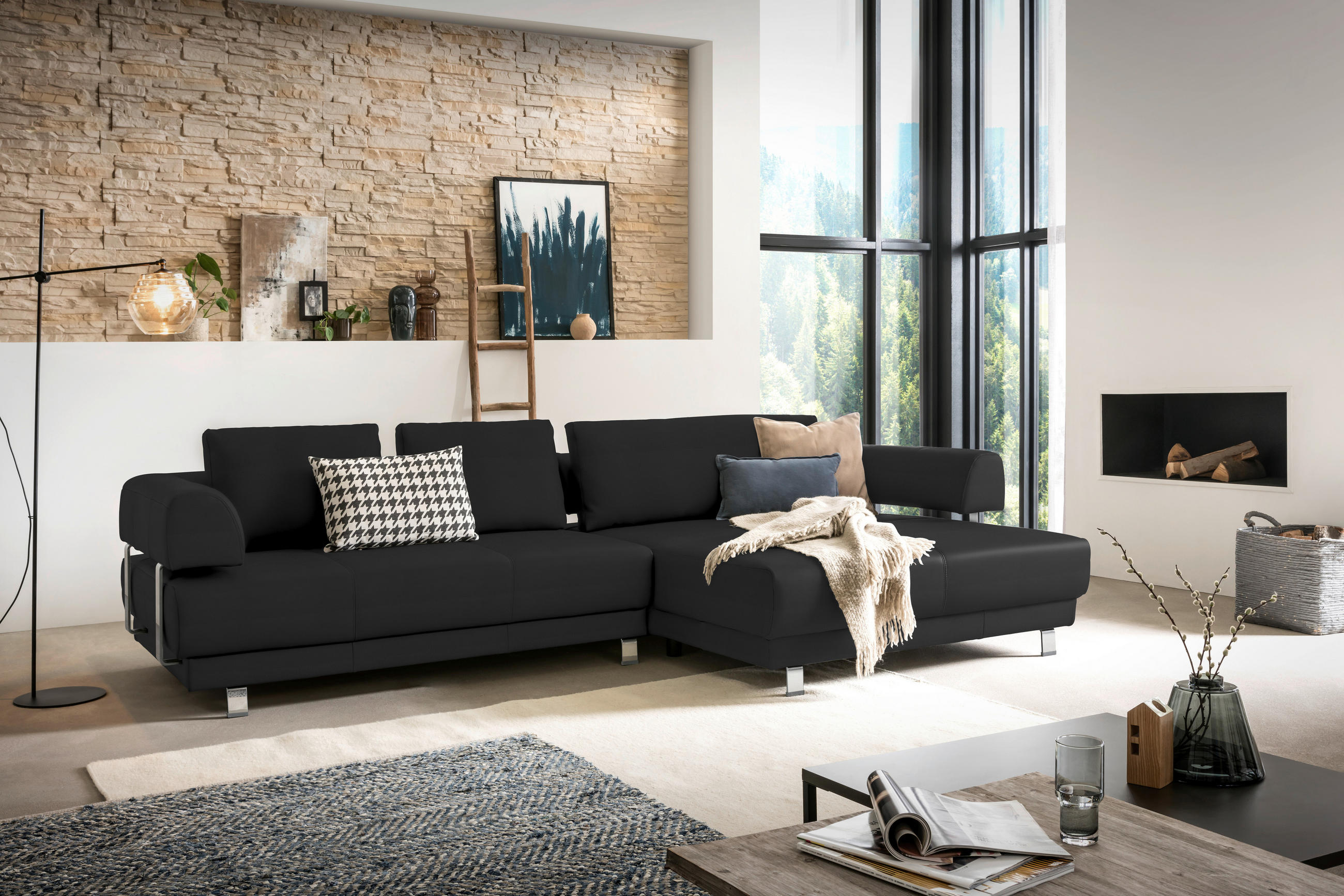 ECKSOFA in Echtleder Schwarz  - Schwarz, Design, Leder/Metall (307/188cm)