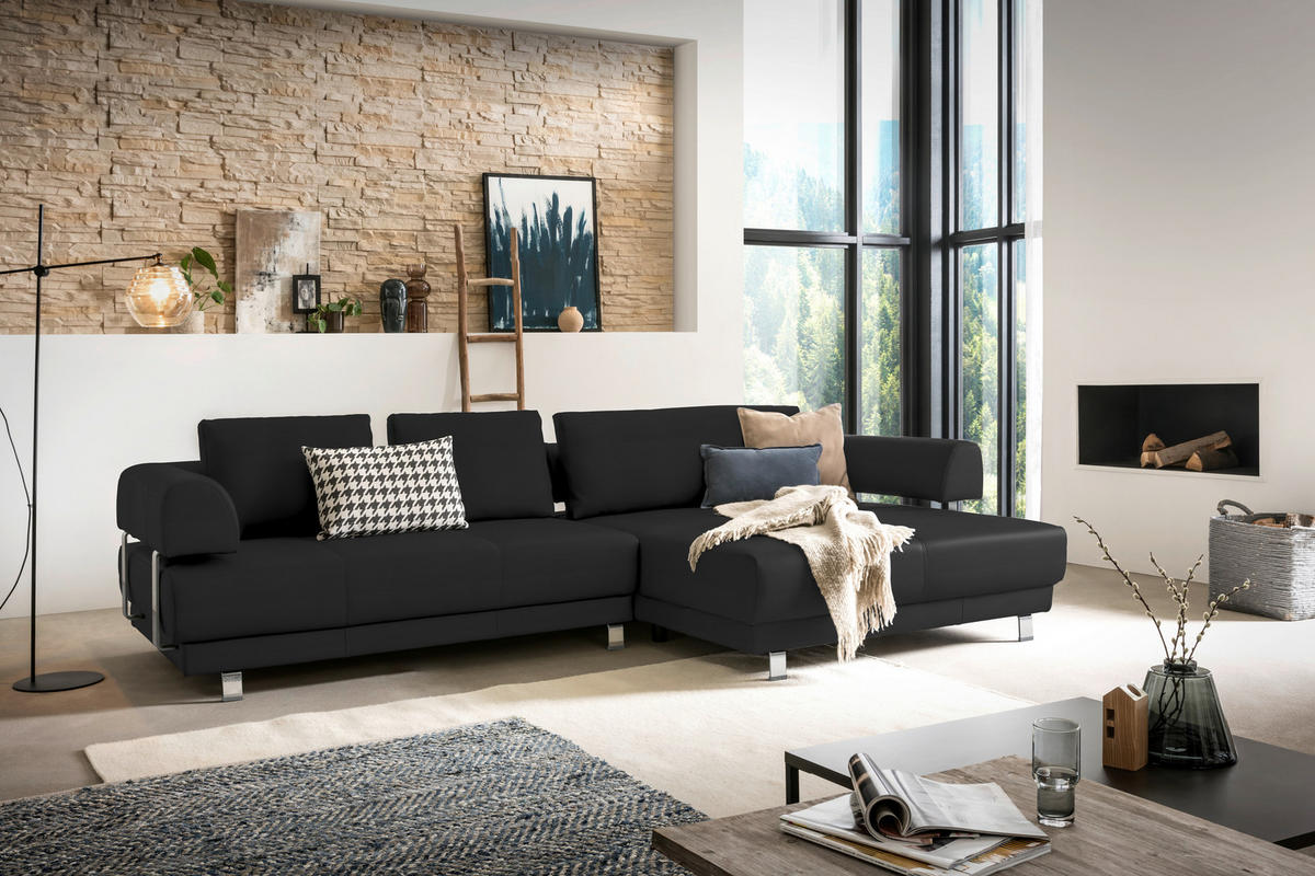 ECKSOFA in Echtleder Schwarz  - Schwarz, Design, Leder/Metall (307/188cm)