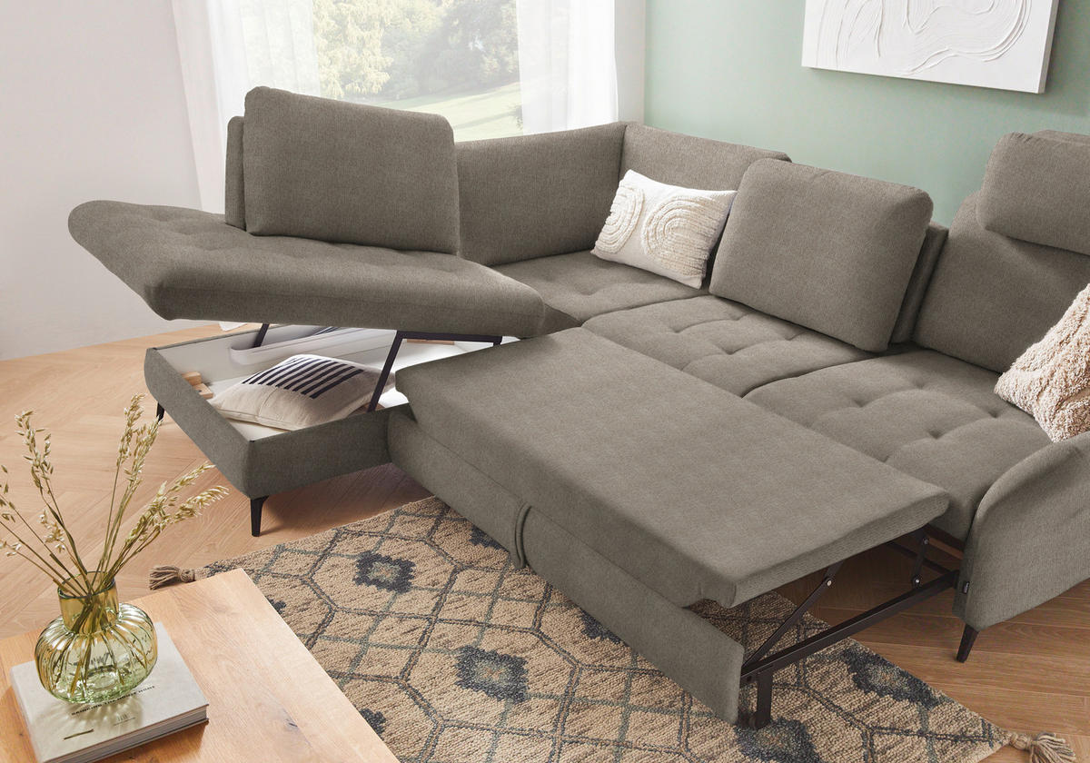 ECKSOFA in Chenille Greige  - Greige/Schwarz, Natur, Textil/Metall (233/288cm) - Valnatura