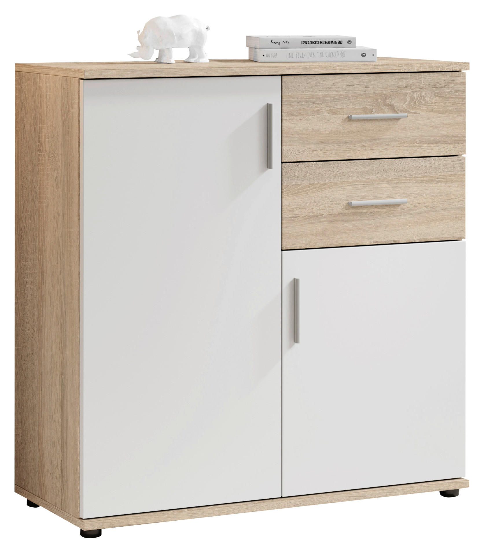 KOMMODE 80/82/35 cm  in Weiß, Sonoma Eiche  - Silberfarben/Schwarz, KONVENTIONELL, Holzwerkstoff/Kunststoff (80/82/35cm) - Carryhome