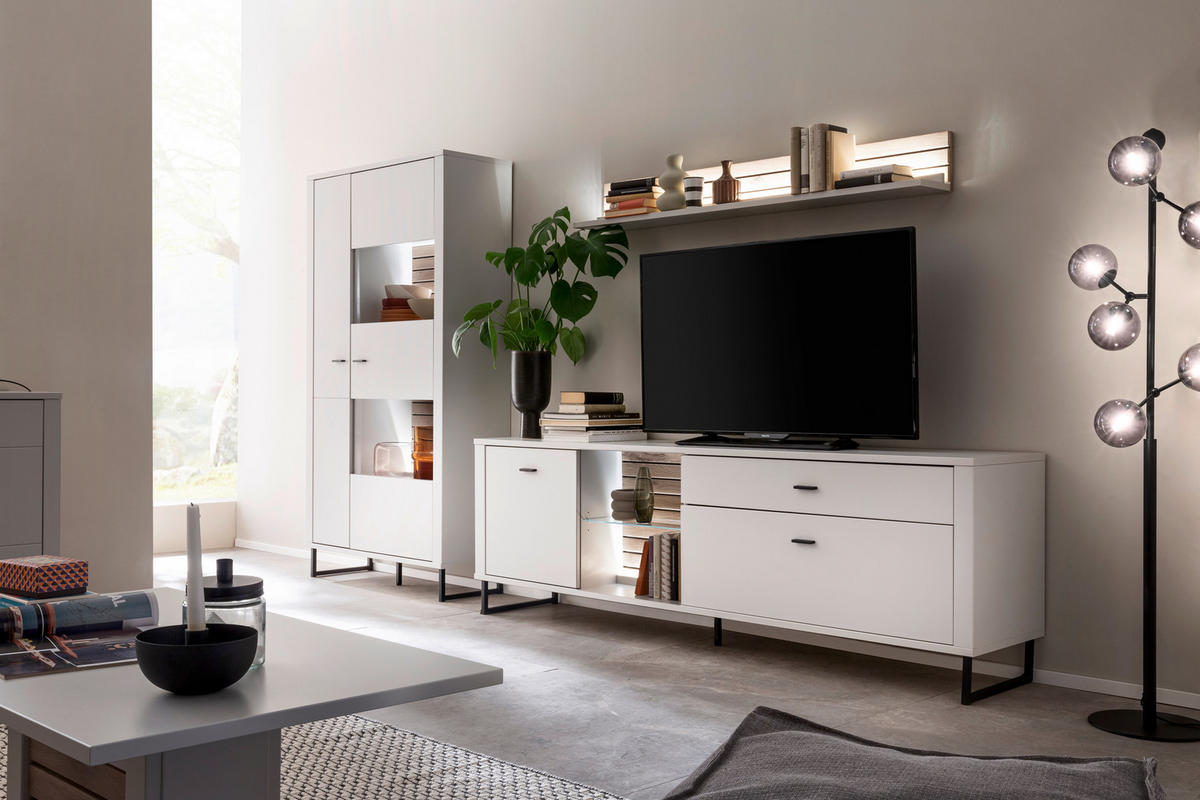 WOHNWAND  in Weiss, Eichefarben 326/185/44 cm  - Weiss/Eichefarben, Design, Glas/Holzwerkstoff (326/185/44cm) - Stylife