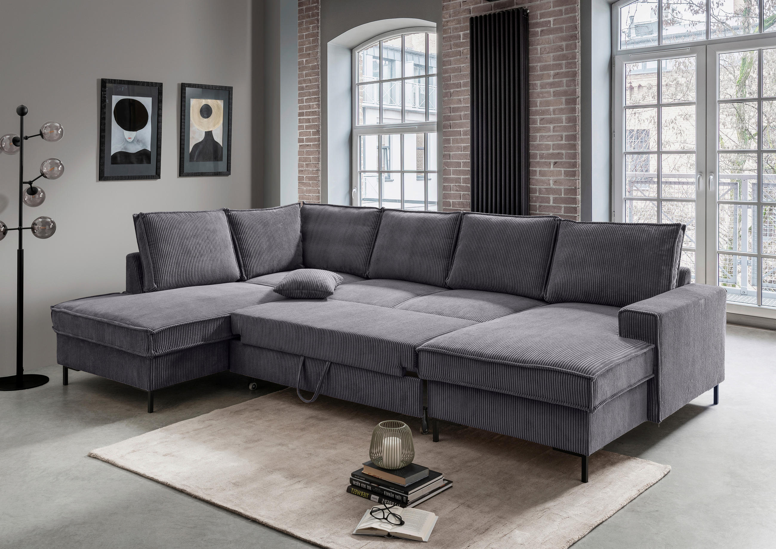 WOHNLANDSCHAFT in Cord Grau  - Schwarz/Grau, MODERN, Textil/Metall (198/309/150cm) - MID.YOU