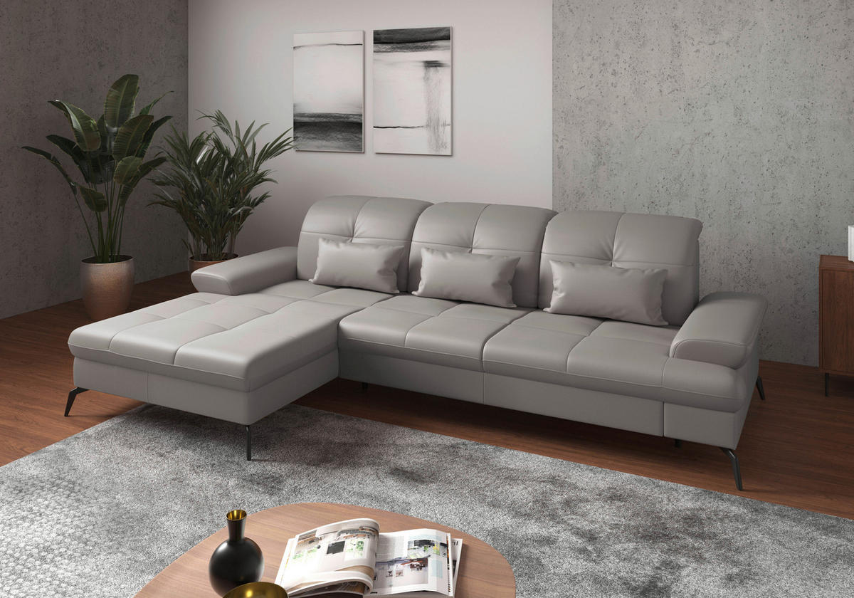 ECKSOFA in Echtleder Hellgrau  - Hellgrau/Schwarz, Konventionell, Leder/Metall (185/279cm) - Sit & More