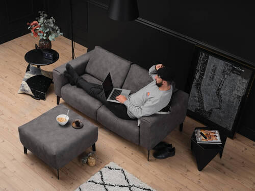 Zweisitzer inkl. Hocker in Chenille Naturfarben  - Schwarz/Naturfarben, Design, Textil/Metall (180/86/86-94cm) - SENSOO